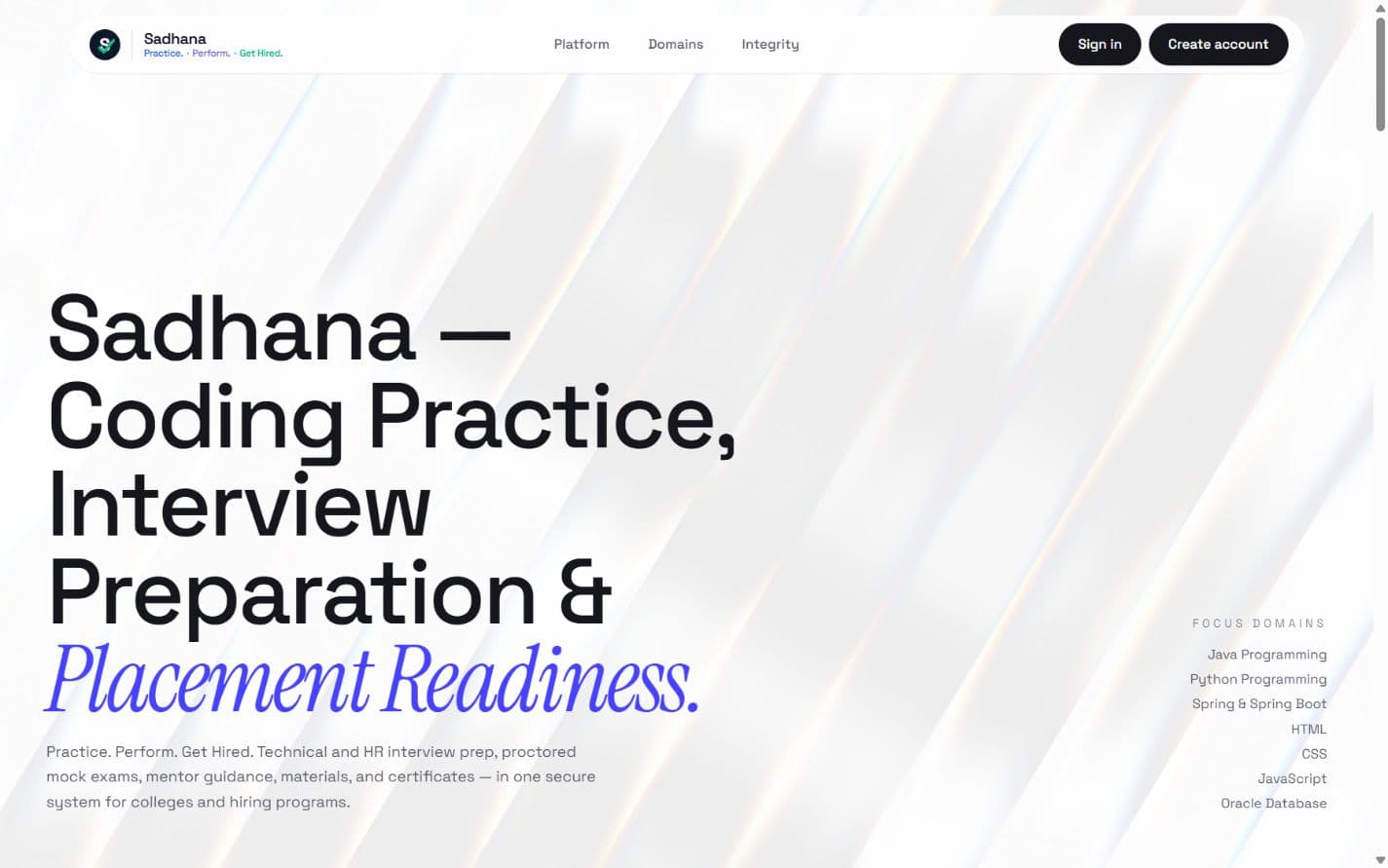 Sadhana’s official public homepage introducing coding practice, interview preparation, and placement readiness