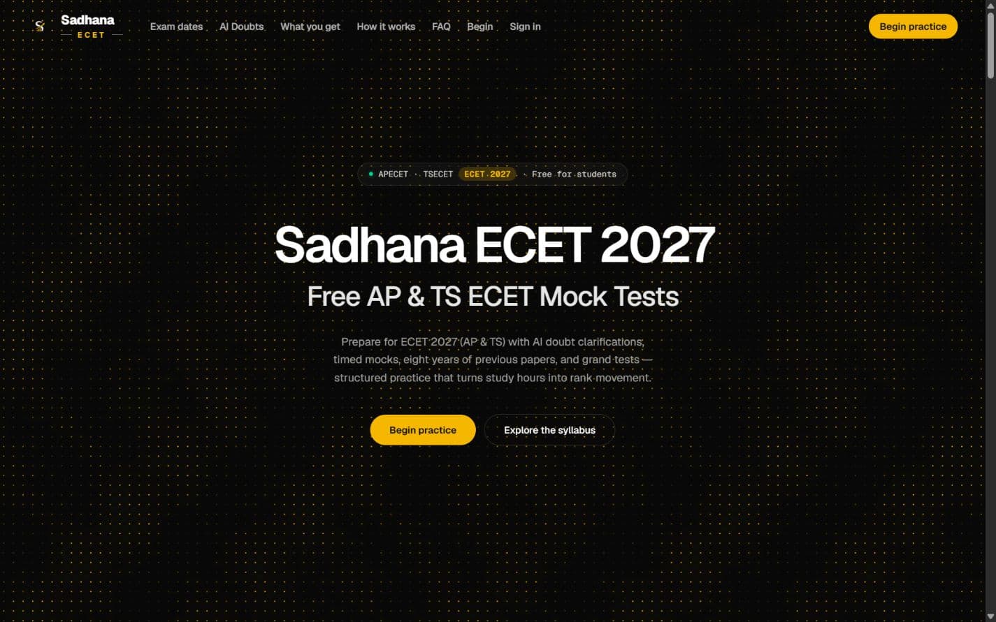 The official Sadhana ECET homepage introducing AP and TS ECET mock tests and exam preparation
